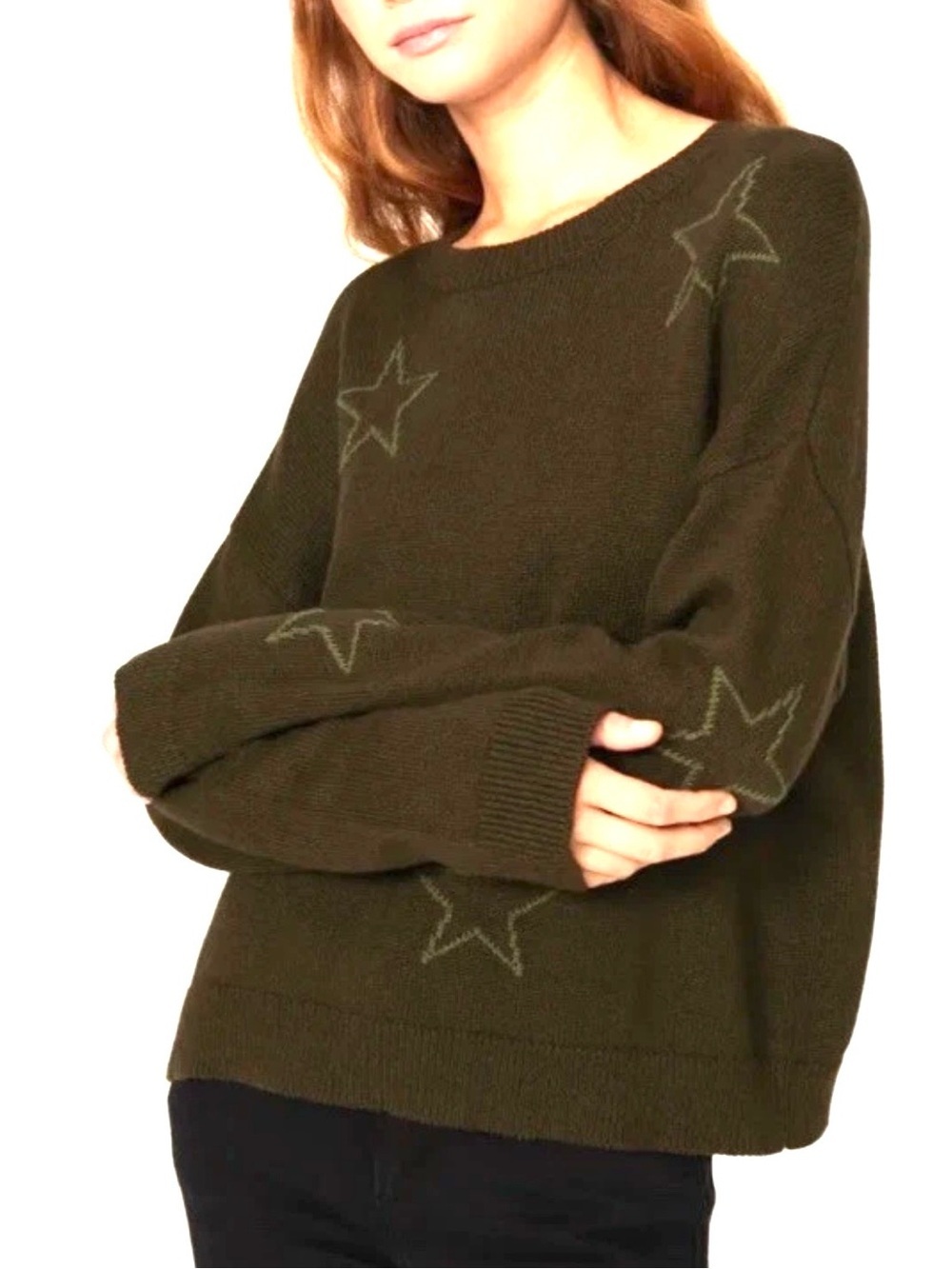 Rails Boxy Sweater Perci Outline Star Olive Green Cotton Cashmere Knit Popover S